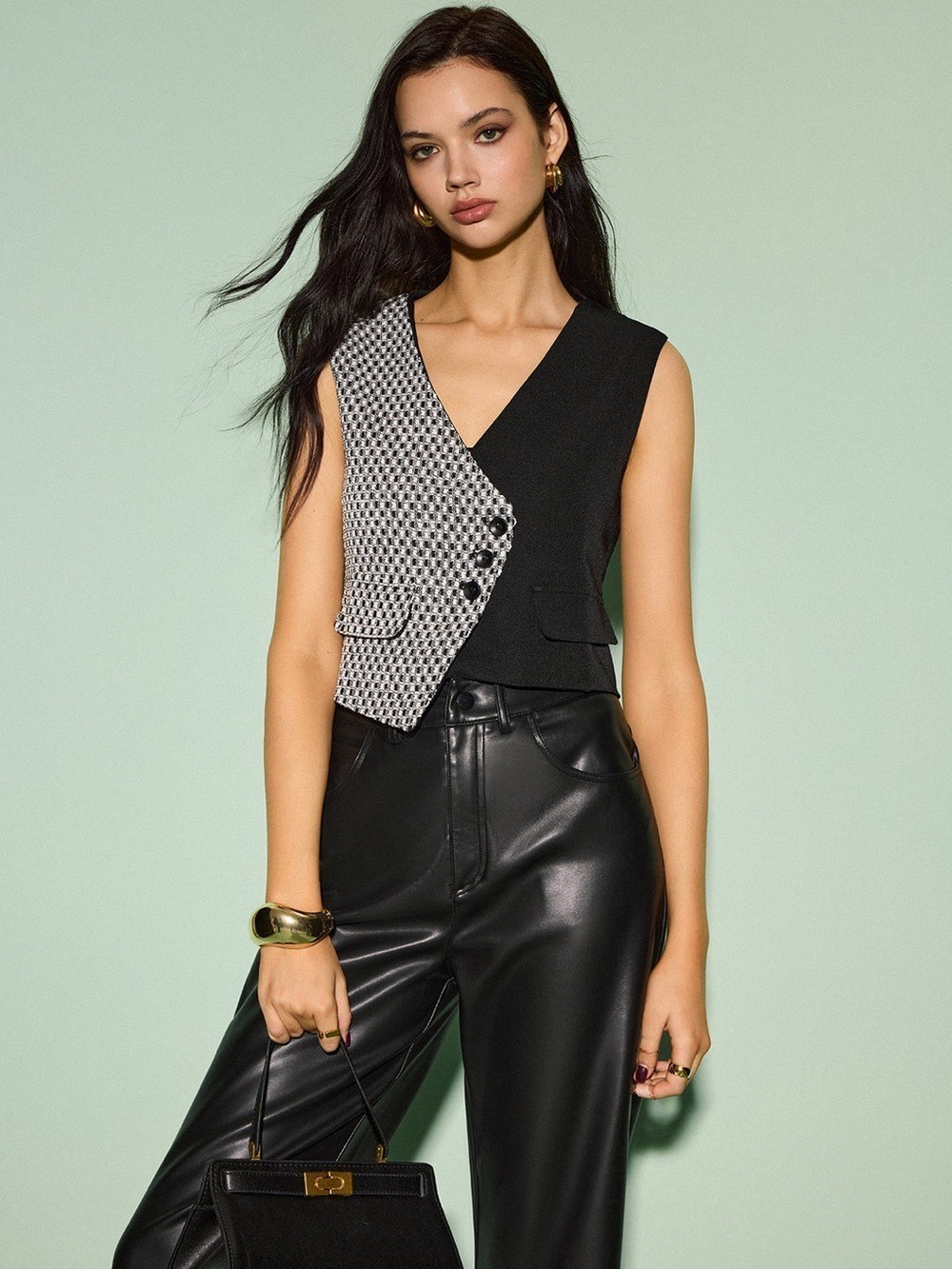 Commense Color Block Criss Cross Button Vest